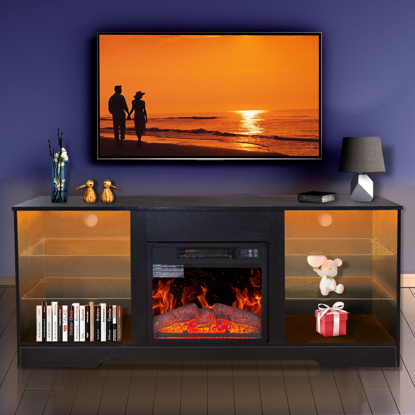 57.8" Fireplace TV Stand With 18" Electric Fireplace Heater, Modern Entertainment Center For TVs Up To 62" With Adjustable Glass Shelves And Storage Cabinets