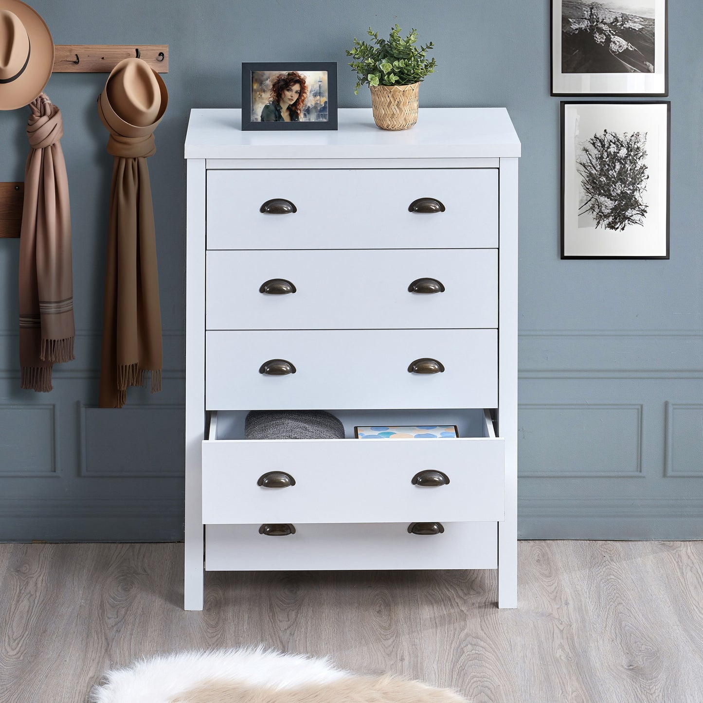 Safari - 5 Drawer Chest With Interlock Drawer Feature Drawer Slide And Interlock Pre-Assembly, Drawer Chest For Closet Tall Dressers For Bedroom Clothes Organizer Tool - Classic White