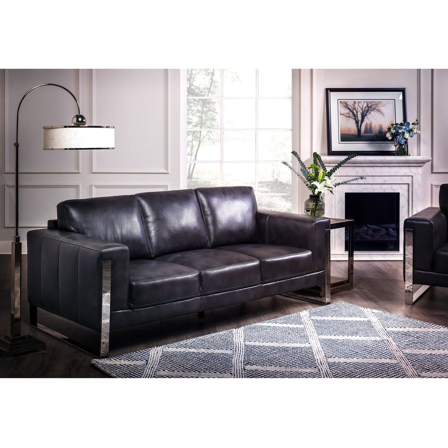 Modern Leather Metal Leg Sofa