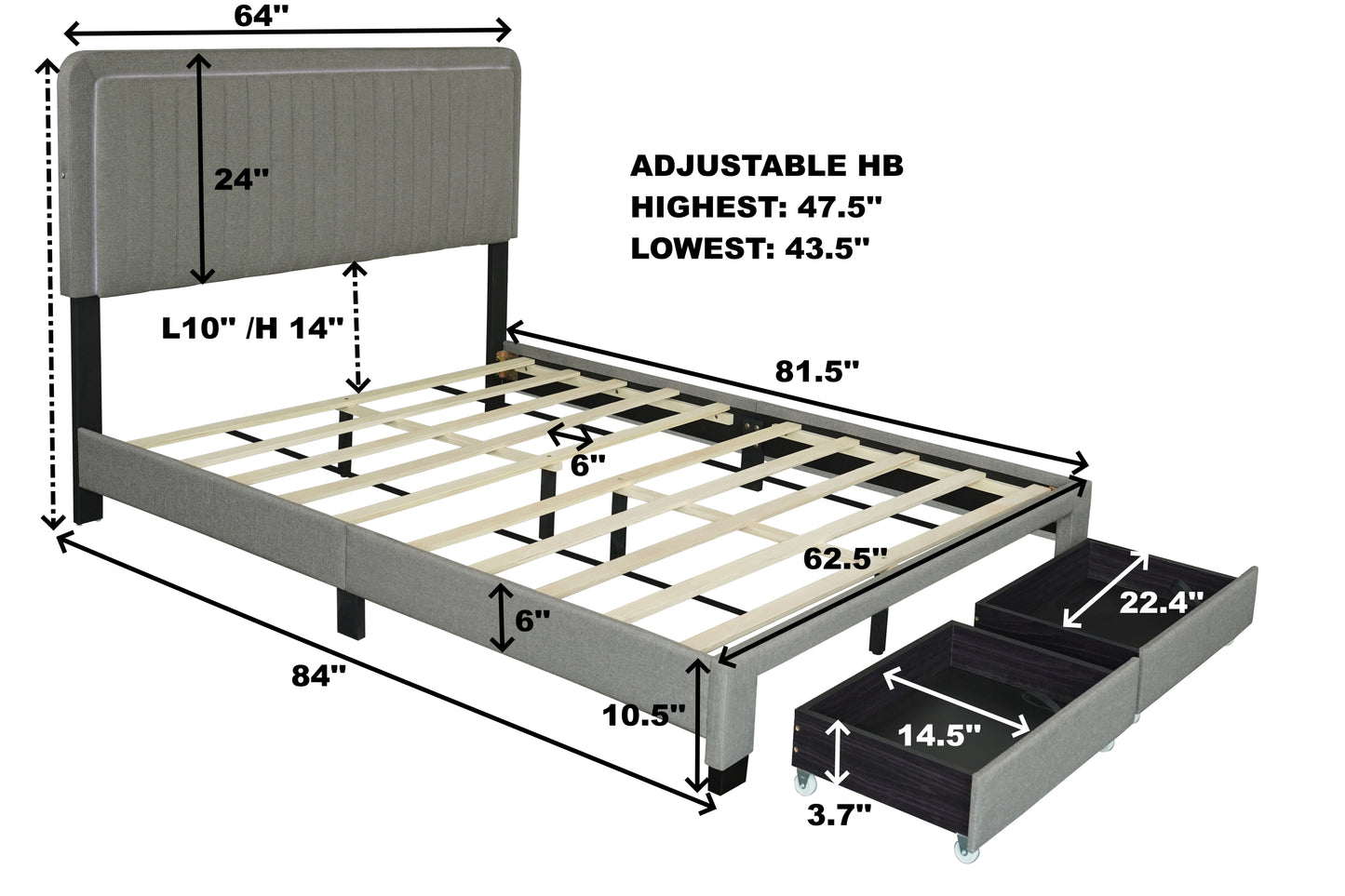 Upholstered Bed With Adjustable Height / Mattress / LED Design With Footboard Drawers Storage / No Box Spring Required