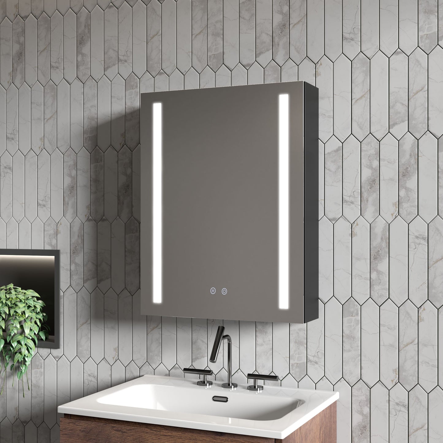 20" W x 26" H Modern Wall Mounted LED Frontlit Bathroom Mirror Cabinet With Us Standard Plug, Temperature Adjustable, Memory Touch Switch, Large Storage - Silver