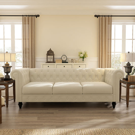 Chesterfield Sofa, 3-Seater Plush Fabric With Tufted Buttons And Wooden Legs, Classic Design - Beige