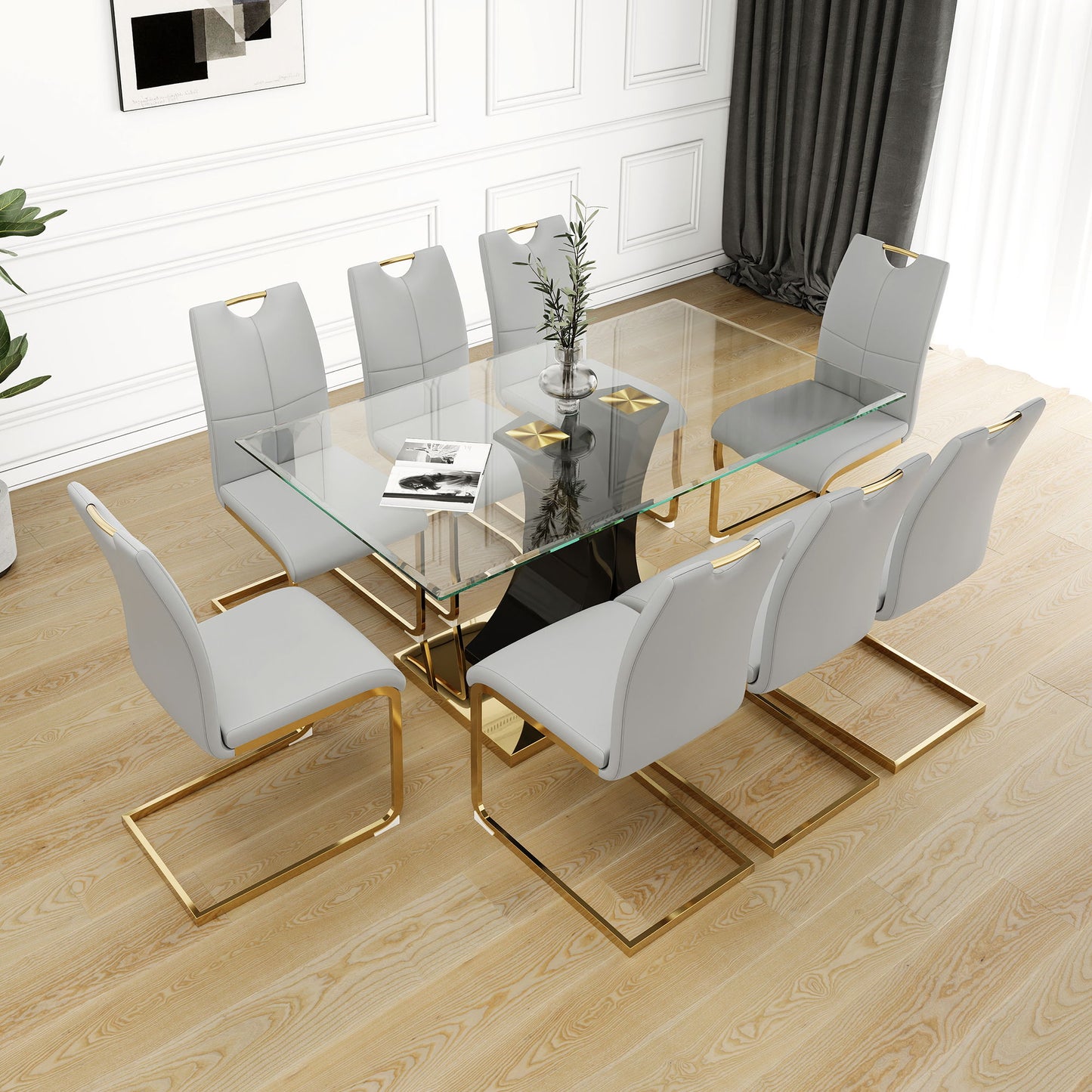 Modern Style Glass Dining Table With Elegant Transparent Design, Solid Support Base, Pale Yellow Dining Chair Set With Gold-Plated Legs, Suitable For Restaurant Kitchens