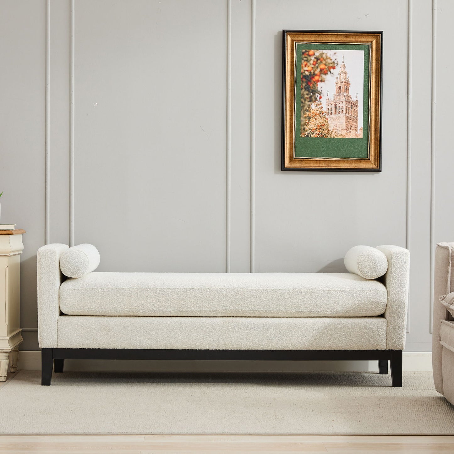 Elegant Upholstered Bench, Daybed, Ottoman With Wood Legs & 2 Bolster Pillows For End Of Bed, Bedroom, Living Room, Entryway