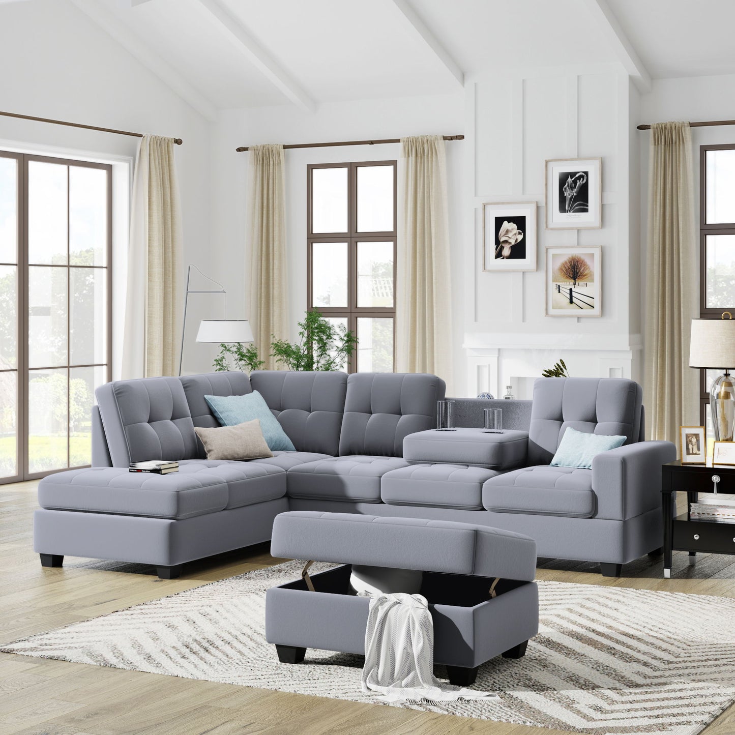 Sectional Sofa With Reversible Chaise Lounge, L-Shaped Couch With Storage Ottoman And Cup Holders