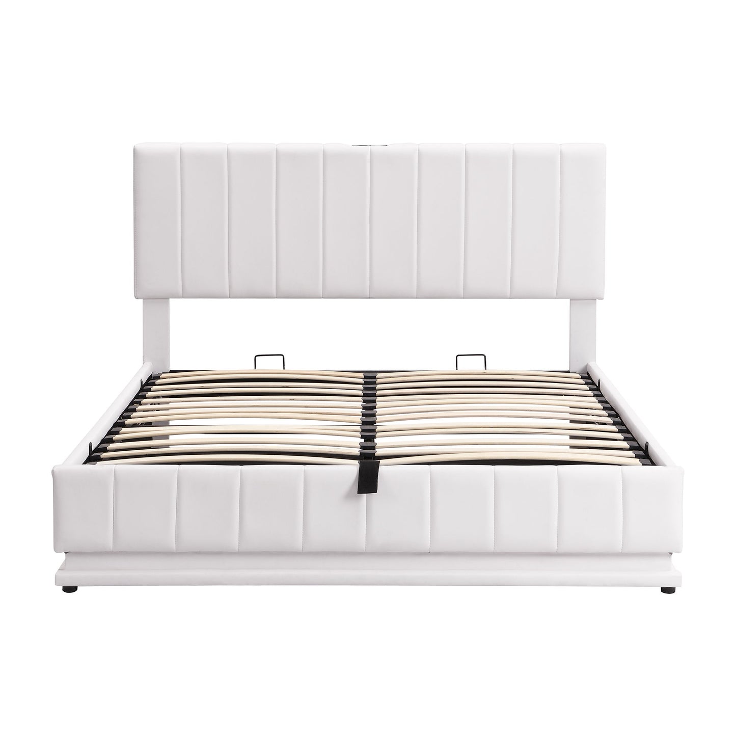 Queen Size Upholstered Bed With Hydraulic Storage System And LED Light, Modern Platform Bed With Sockets And USB Ports