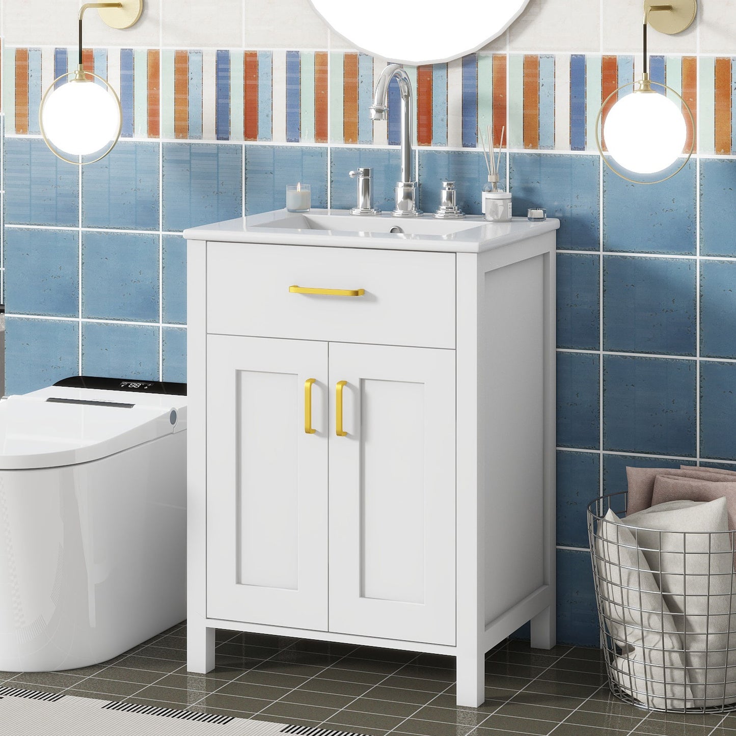 Bathroom Vanity Combo With Ceramic Sink, Luxurious Space-Saving Vanity, 2 Soft Close Doors