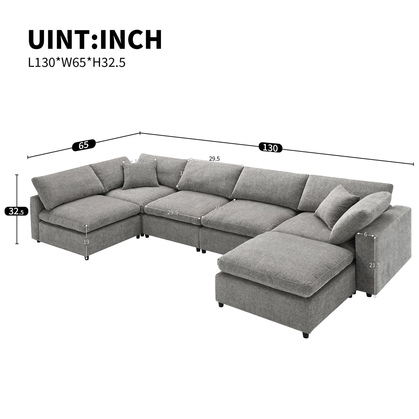 Modern Modular Cloud Sofa Bed, 6 Seat Chenille Sectional Couch Set With Ottoman, Free Combination, Convertible U Shaped Sleeper Sofa For Living Room