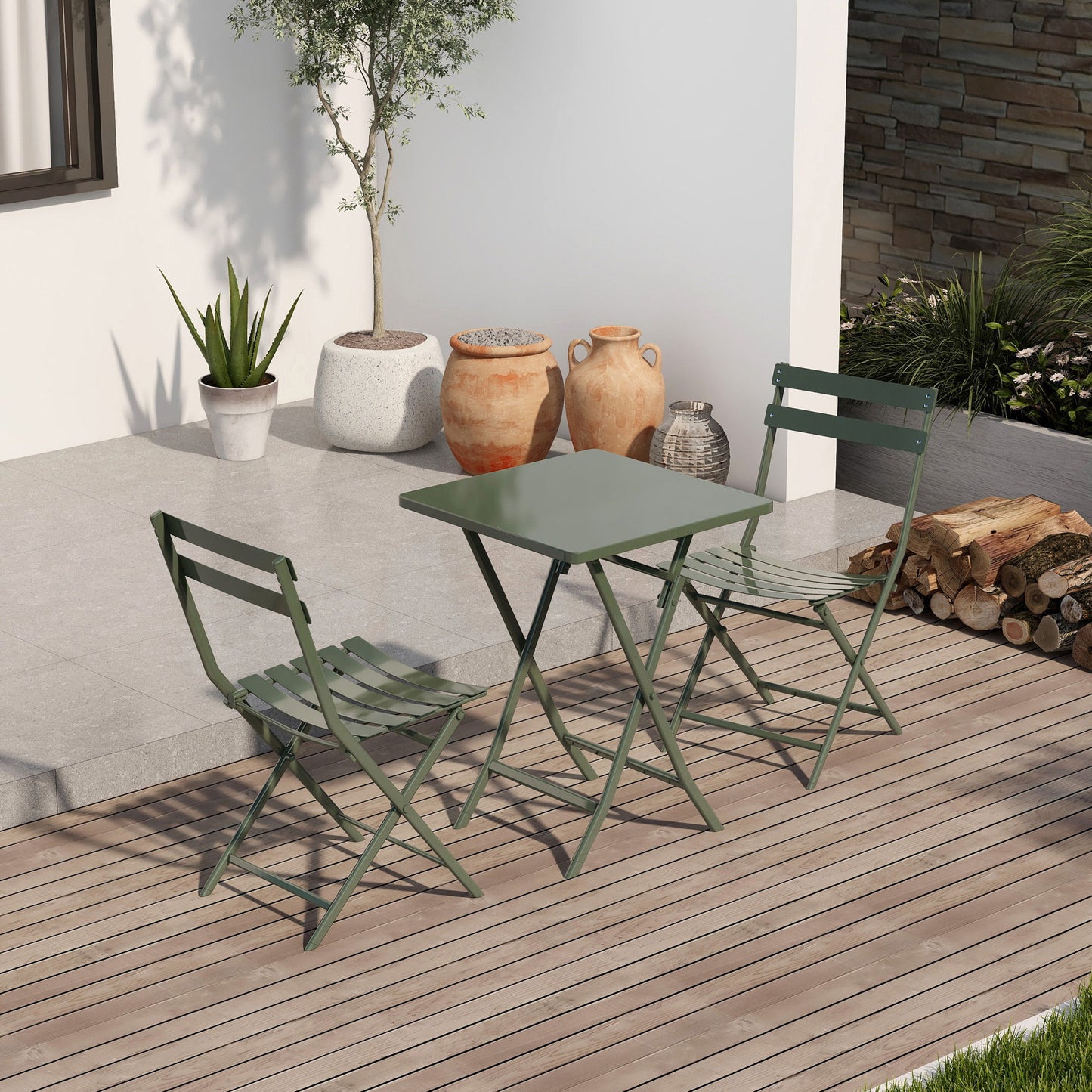 3 Piece Patio Bistro Set Of Foldable Square Table And Chairs