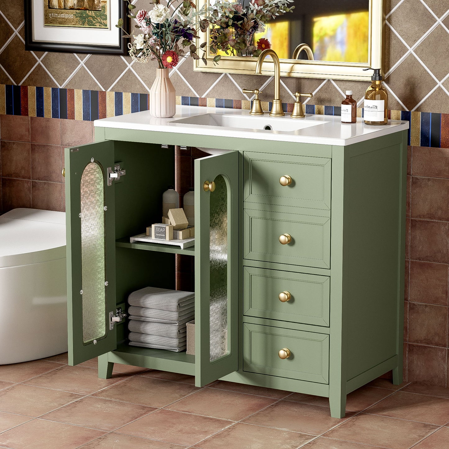 Bathroom Vanity With Two Soft Close Doors, Adjustable Shelves And Three Drawers