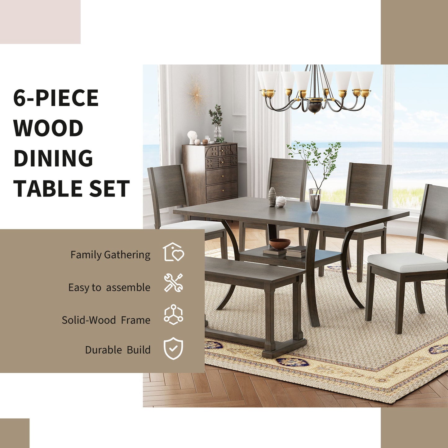 Topmax - 6 Piece Wood Dining Table Set With Storage Shelf And Curved Legs, Kitchen Table Set With Bench And 4 Removable Cushions Dining Chairs, Modern Style