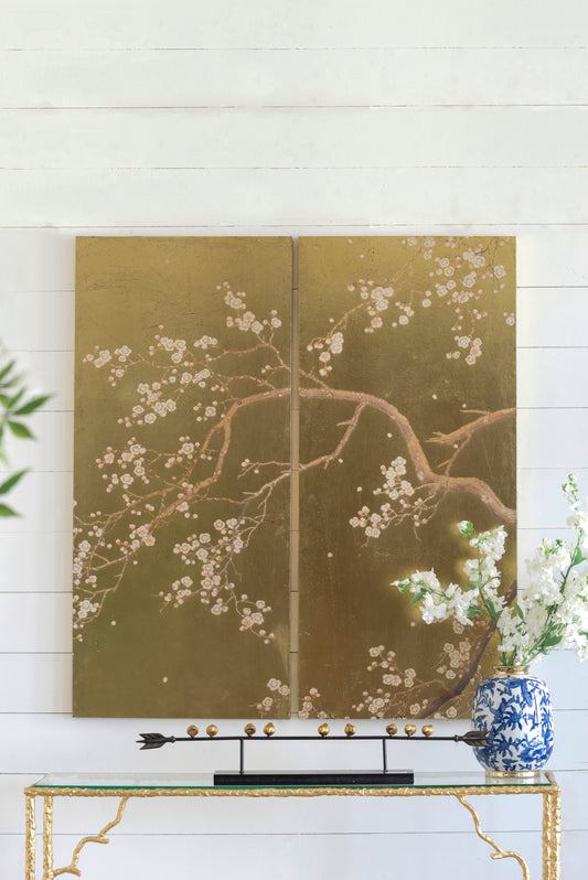 Cherry Blossom Wall Art Panels, Wall Decor For Living Room Dining Room Office Bedroom (Set of 2) - Gold