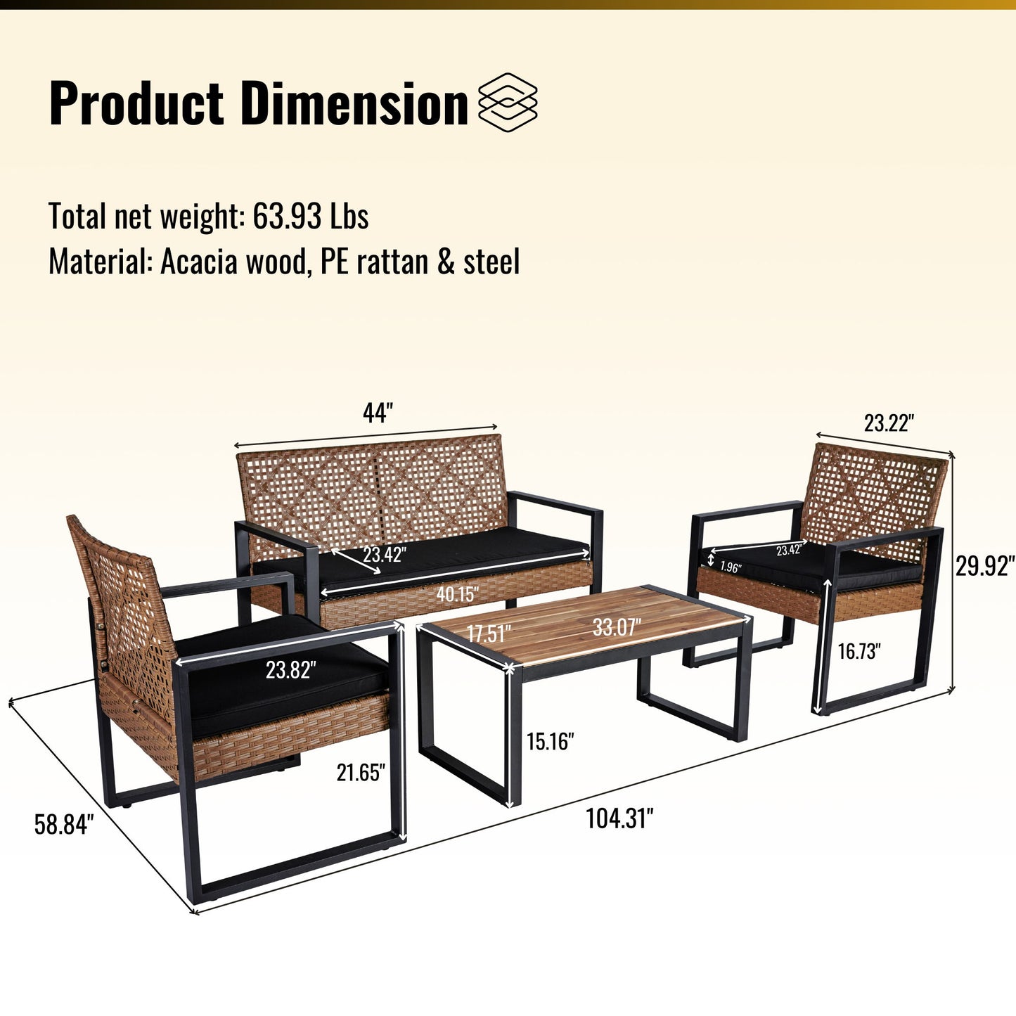 4 Piece Patio Furniture Set Outdoor Balcony Porch Garden Backyard Lawn Furniture Acacia Wood Table Top, Morden - Black And Light Brown