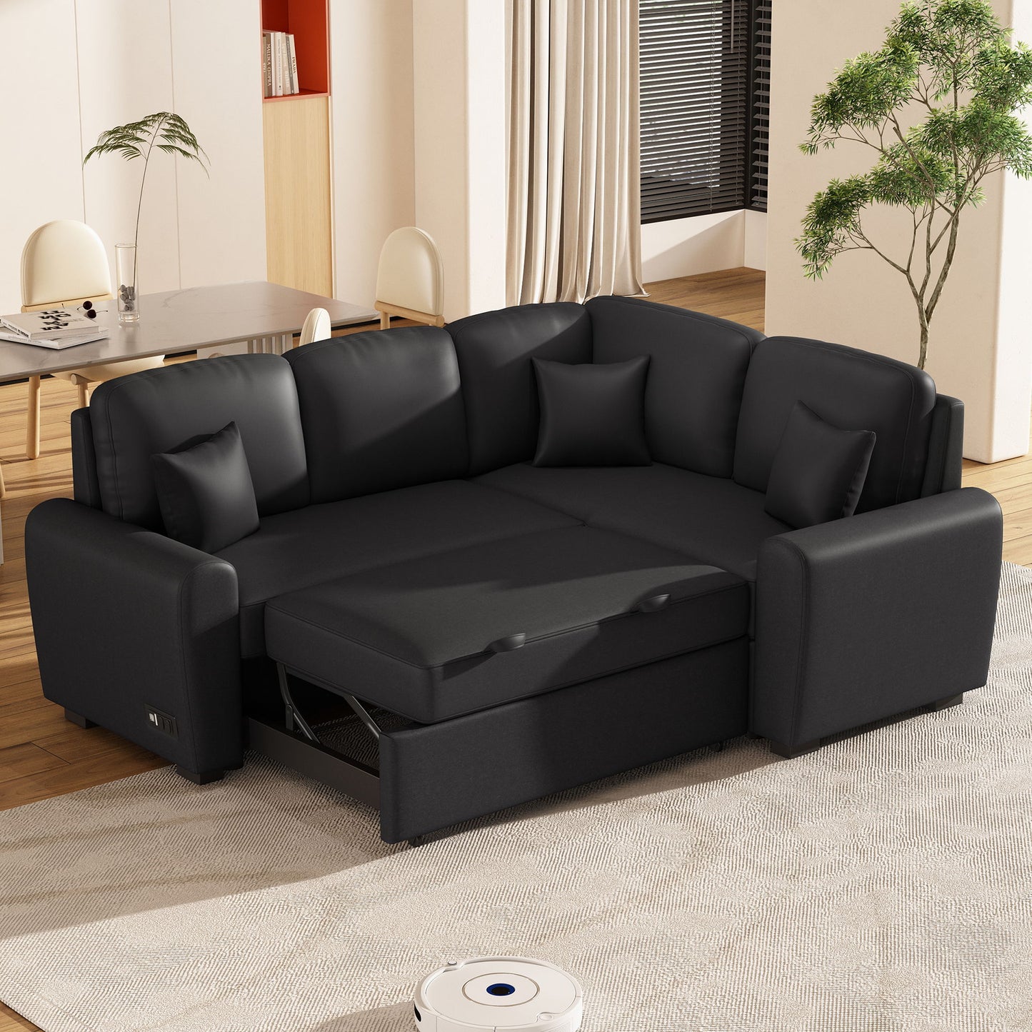 Sectional Sleeper Sofa With USB Charging Port And Plug Outlet, Pull-Out Sofa Bed With 3 Pillows, L-Shape Chaise For Living Room Small Apartment