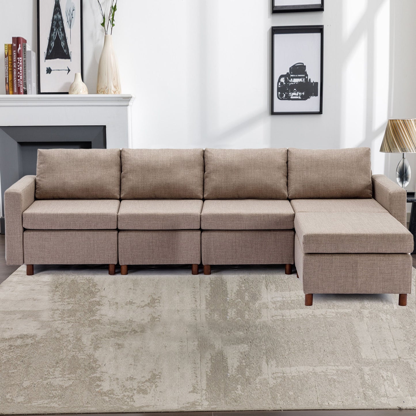 4 Seat Module Sectional Sofa Couch With 1 Ottoman For Living Room, Seat Cushion And Back Cushion Non-Removable And Non-Washable