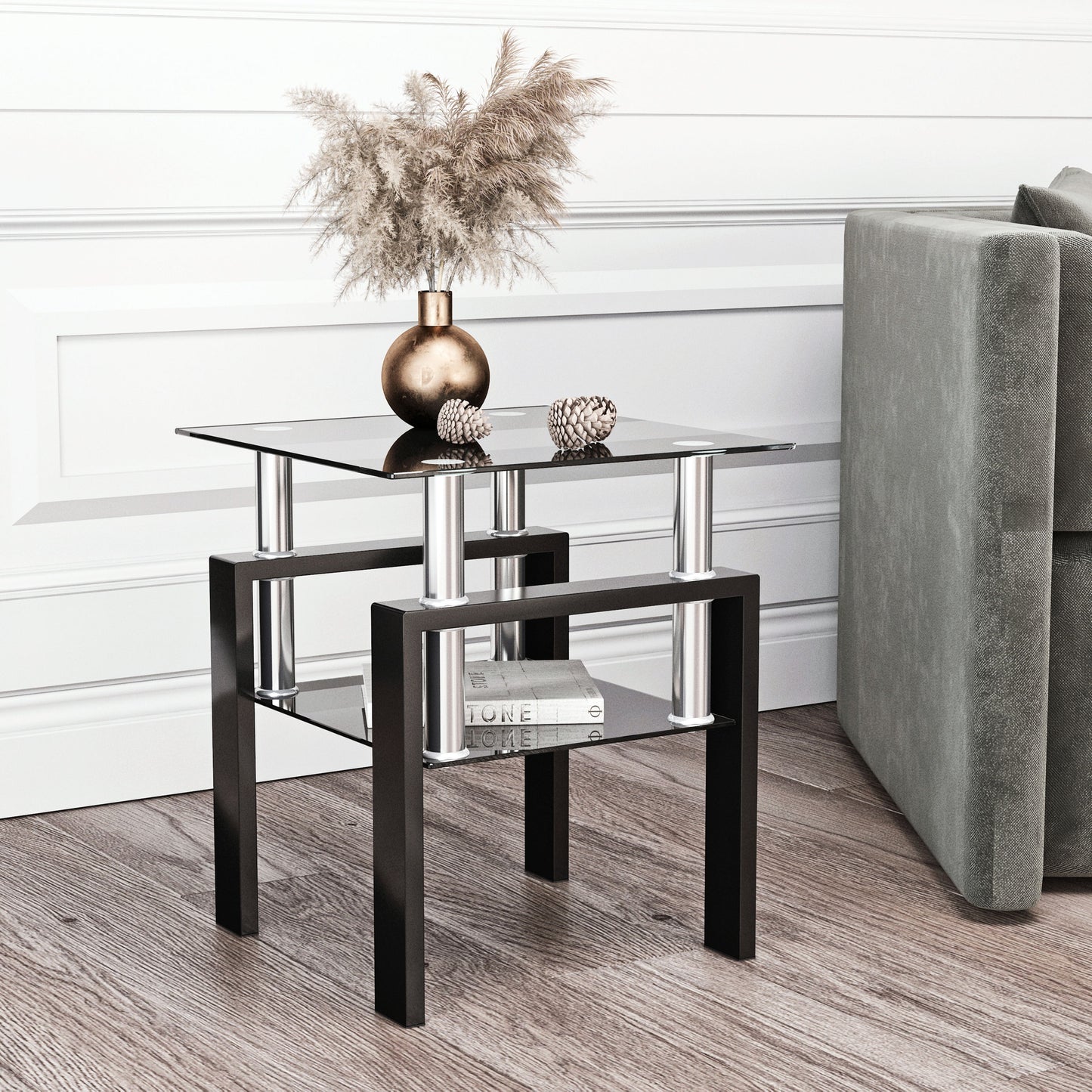 Modern Tempered Glass Tea Table, End Square Table For Living Room - Black