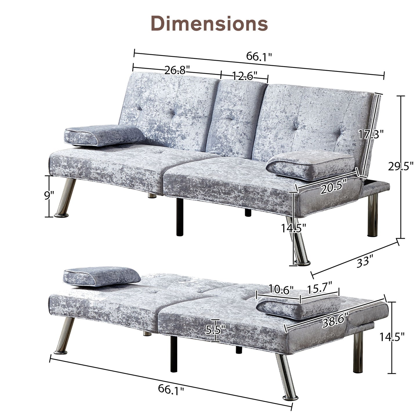 Sofa Bed, Loveseat Futon Sofa Bed With Removable Armrests, Adjustable Reliner Guest Bed Daybed For Small Space, Cup Holders, 3 Angles