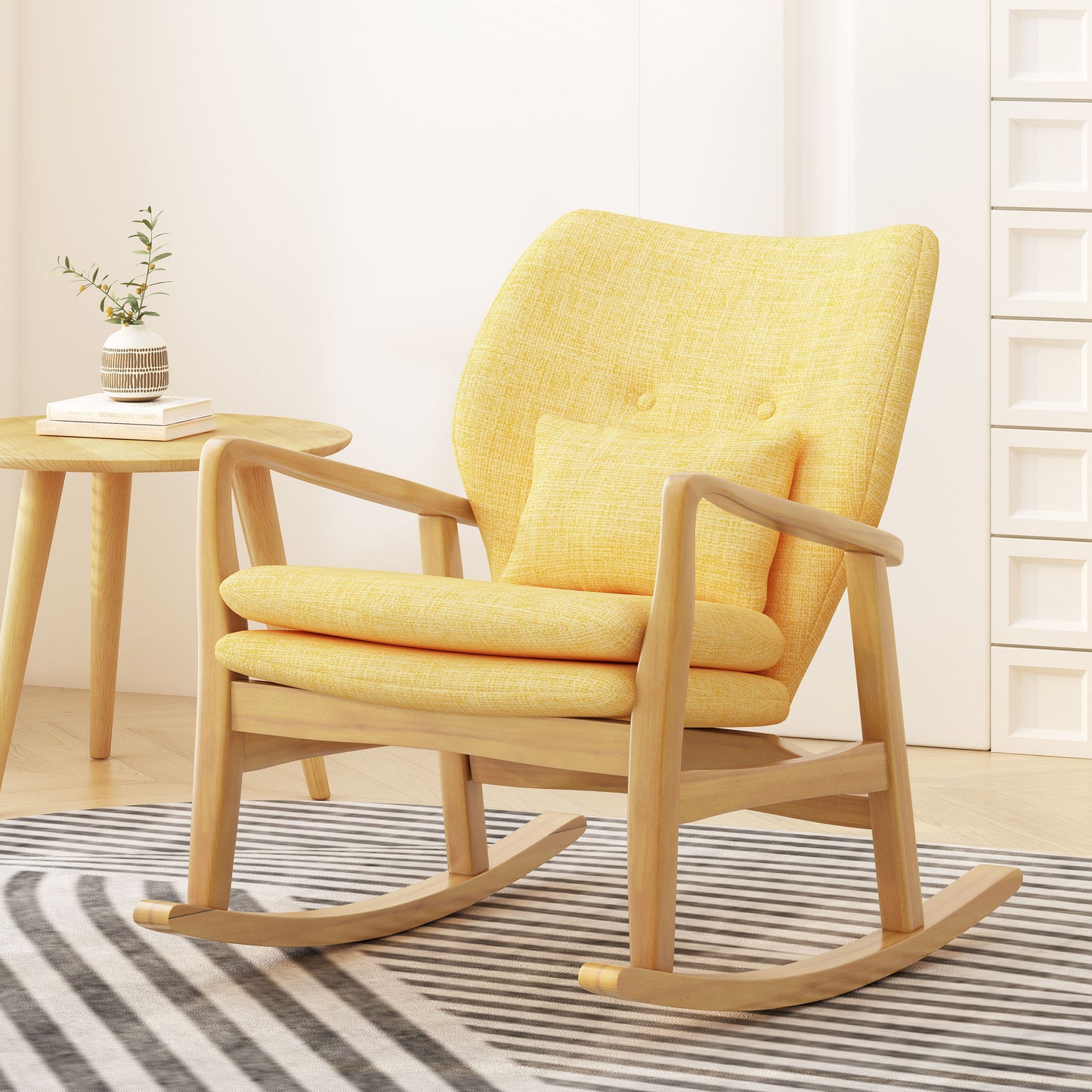 Elegant Solid Wood Rocking Chair With Linen Cushion