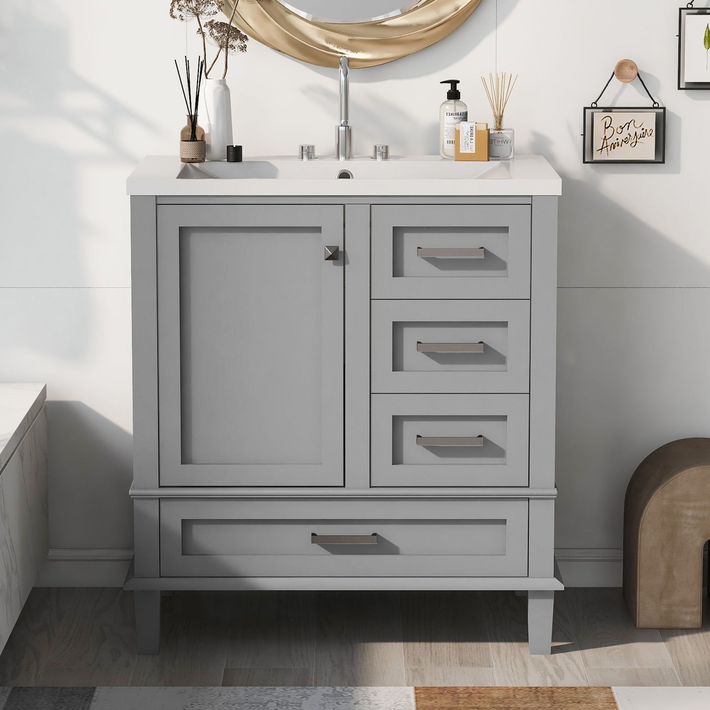 Bathroom Vanity, Modern Bathroom Cabinet With Sink Combo Set, Bathroom Storage Cabinet With A Soft Closing Door And 3 Drawers, Solid Wood Frame, Resin Basin