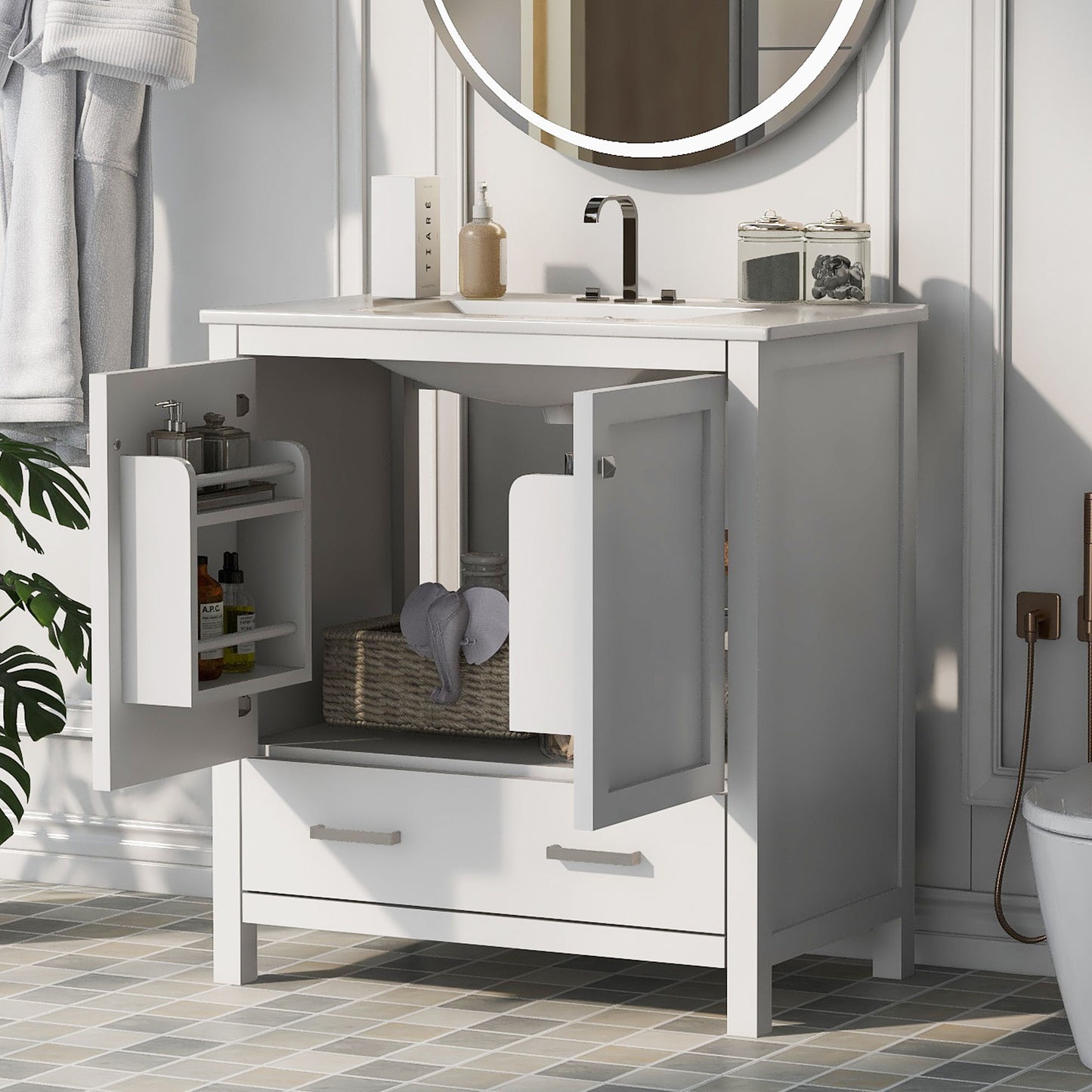 Bathroom Vanity With Single Sink, Combo Cabinet Undermount Sink, Bathroom Storage Cabinet With Two Doors And A Drawer, Soft Closing, Multifunctional Storage, Solid Wood Frame