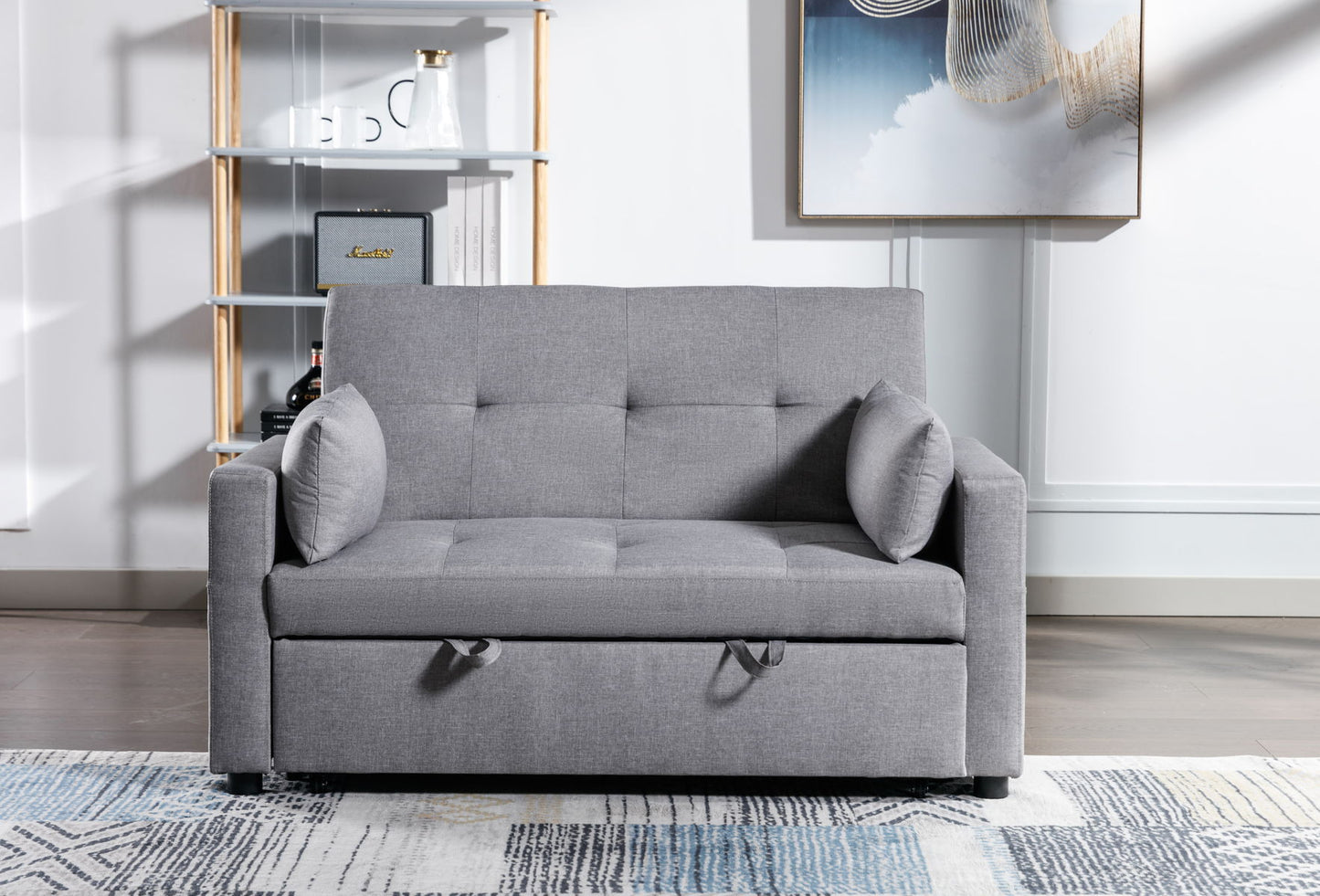 Linen Fabric 3-In-1 Convertible Sleeper Loveseat With Side Pocket - Light Gray