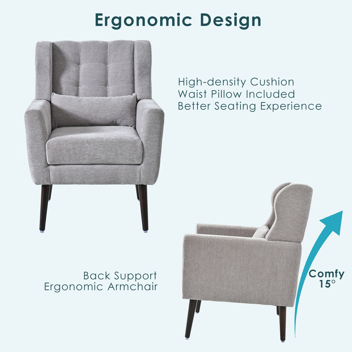 Modern Accent Chair, Chenille Arm Chairs For Living Room, Upholstered Mordern Armchair, Comfy Soft Padded Lounge Chair In Small Space, Bedroom, With Pillow, Solid Wood Leg