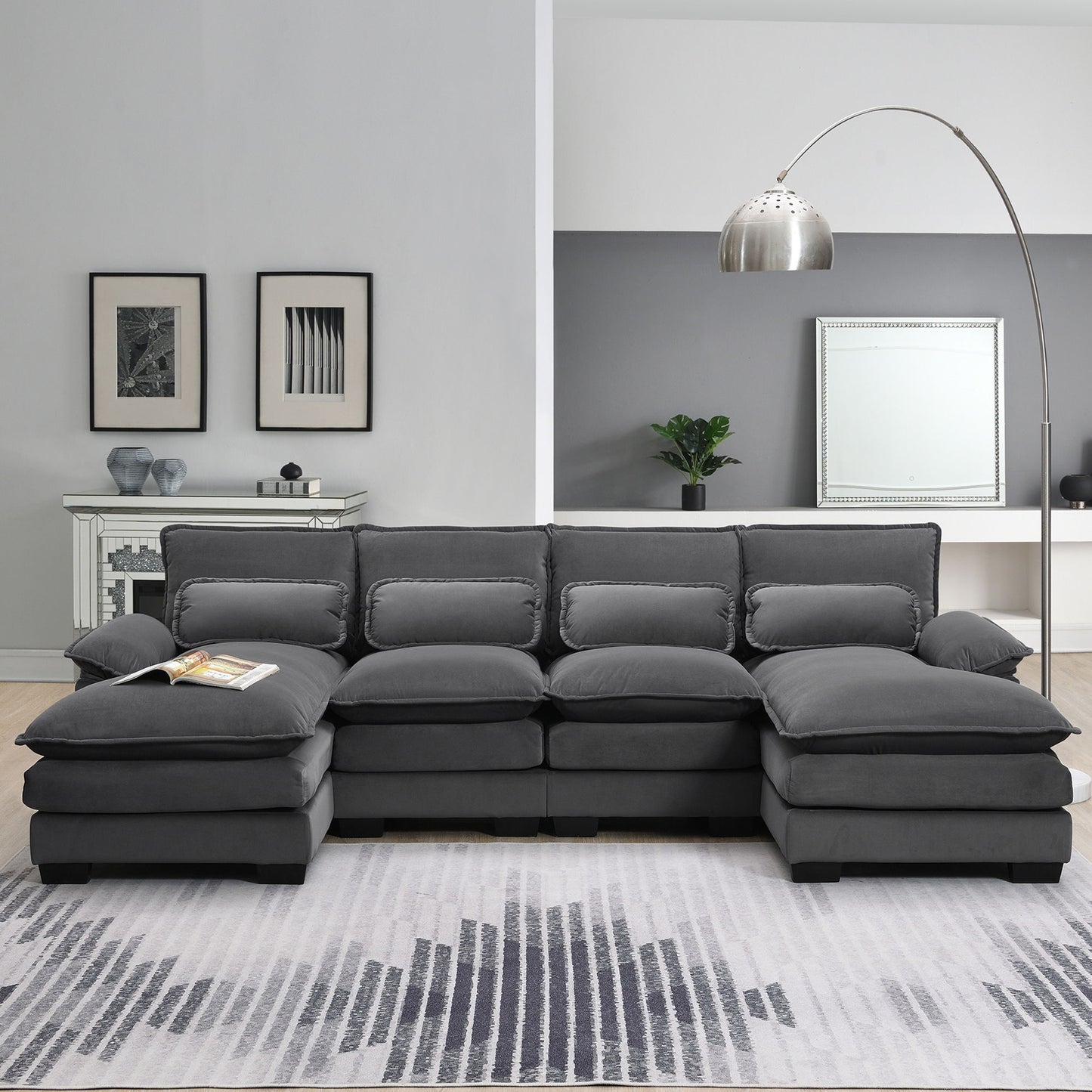 Modern U-Shaped Sectional Sofa With Waist Pillows, 6 Seat Upholstered Symmetrical Sofa Furniture, Sleeper Sofa Couch With Chaise Lounge For Living Room