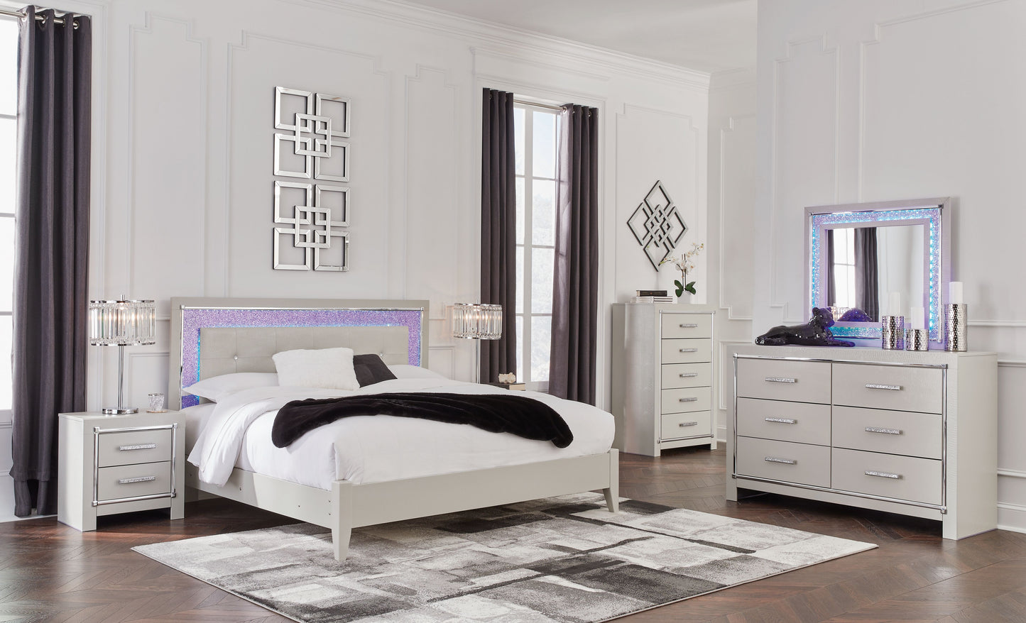 Zyniden - Silver - 6 Pc. - Dresser, Mirror, King Upholstered Panel Bed, 2 Nightstands