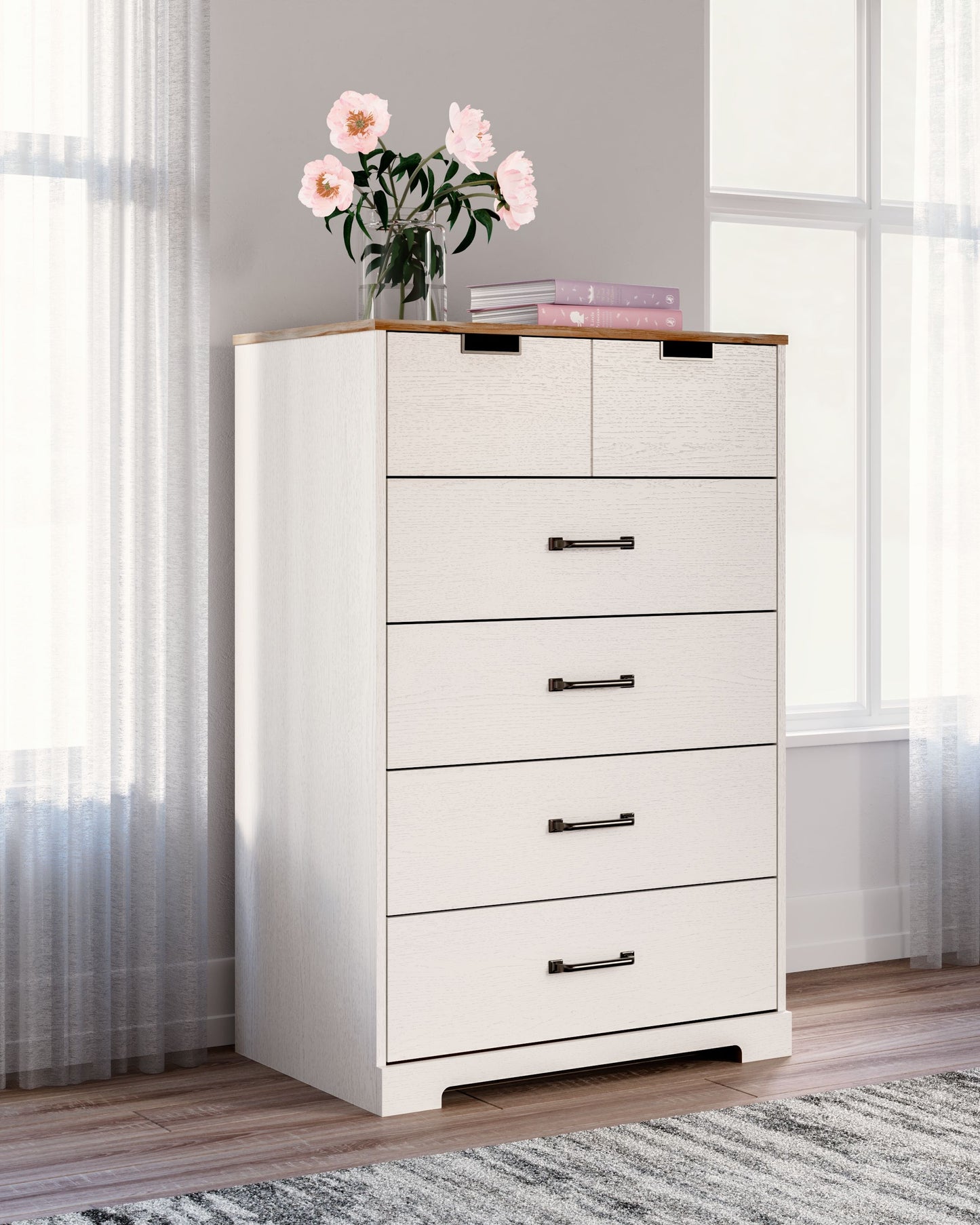 Vaibryn - White / Brown / Beige - Five Drawer Chest - Vinyl-Wrapped