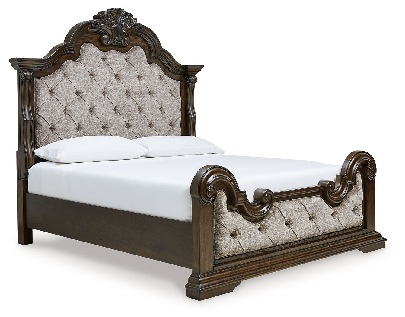 Maylee - Dark Brown - 6 Pc. - Dresser, Mirror, Chest, California King Upholstered Bed